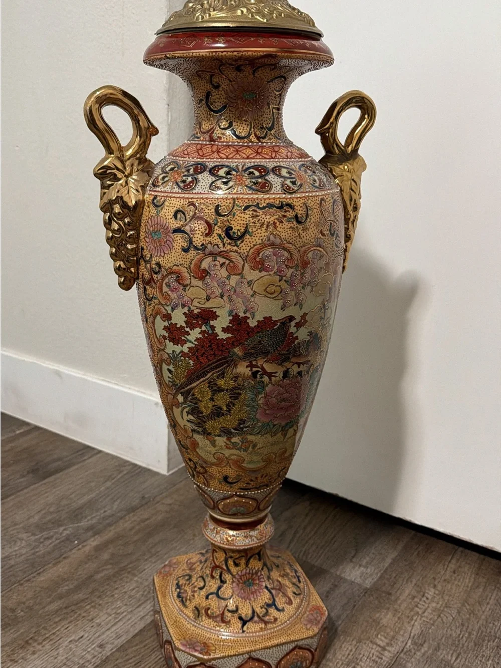 Ornate Gold and Red Decorative Floor Vase with Handles